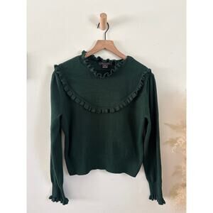 French Connection Ruffle Trim Bib Sweater Medium Dark Green Victorian Regency
